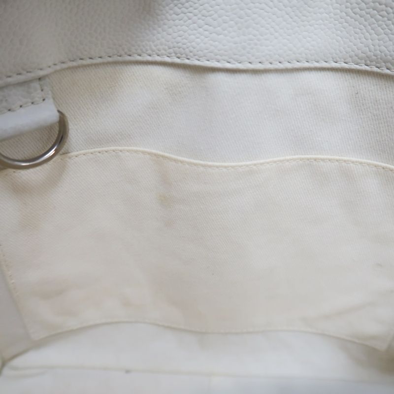 CHANEL PST Quilted Tote Bag, White Caviar Leather with Silver-tone Hardware