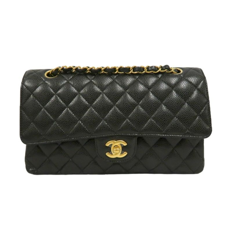 CHANEL Classic Flap Quilted Crossbody Bag, Black Caviar Leather with Gold-tone Hardware