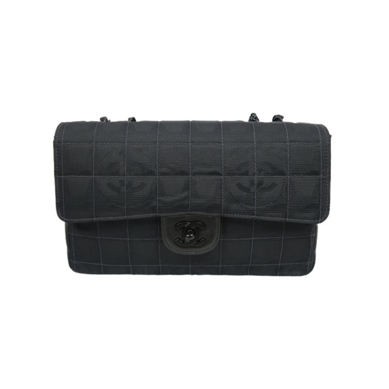 CHANEL New Travel Chocolate Bar Matelasse Chain Shoulder Bag, Black, with Authenticity Card; CHANEL Black Canvas Ice Grid Classic Flap (CF) Shoulder Bag
