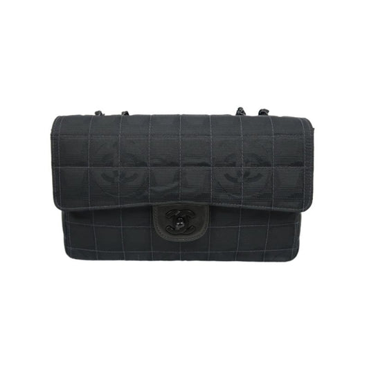 CHANEL New Travel Chocolate Bar Matelasse Chain Shoulder Bag, Black, with Authenticity Card; CHANEL Black Canvas Ice Grid Classic Flap (CF) Shoulder Bag