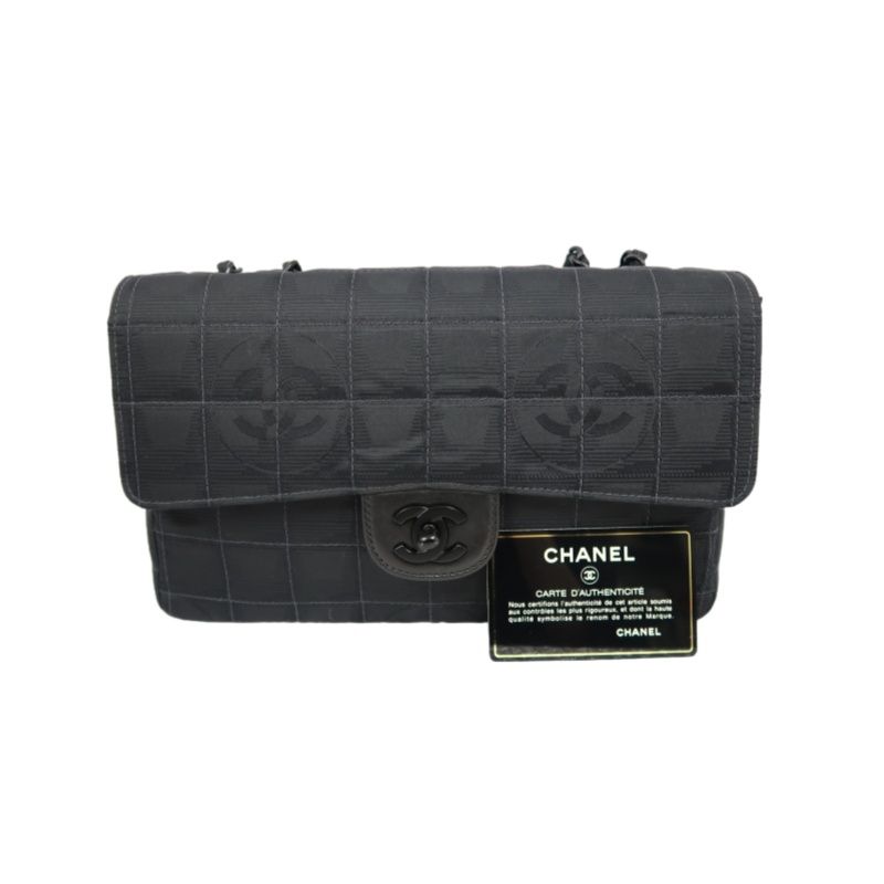 CHANEL New Travel Chocolate Bar Matelasse Chain Shoulder Bag, Black, with Authenticity Card; CHANEL Black Canvas Ice Grid Classic Flap (CF) Shoulder Bag