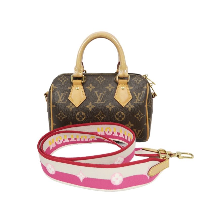 LOUIS VUITTON Speedy 20 Handbag, Monogram Coated Canvas, Brown, With Pink Shoulder Strap