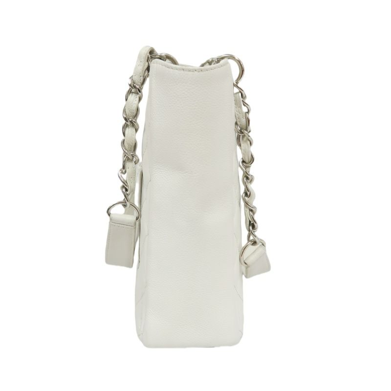 CHANEL PST Quilted Tote Bag, White Caviar Leather with Silver-tone Hardware