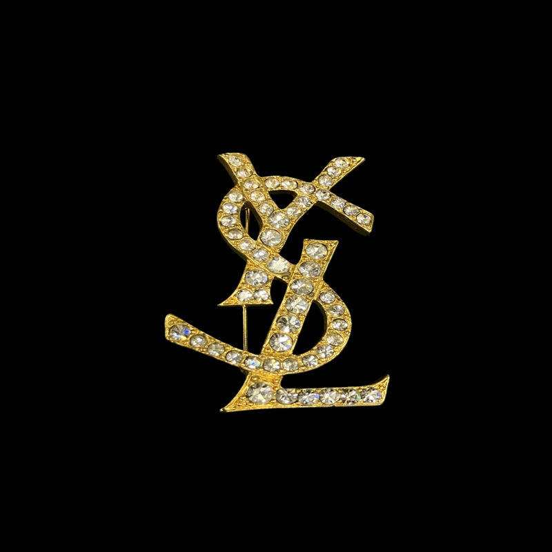 YSL Gold Alloy Brooch With Rhinestone & Diamond Logo, Gold Hardware