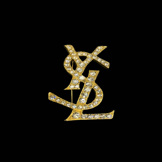 YSL Gold Alloy Brooch With Rhinestone & Diamond Logo, Gold Hardware