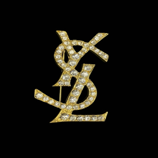 YSL Brooch, Rhinestone, Gold Hardware, Gold Alloy, Diamond Logo