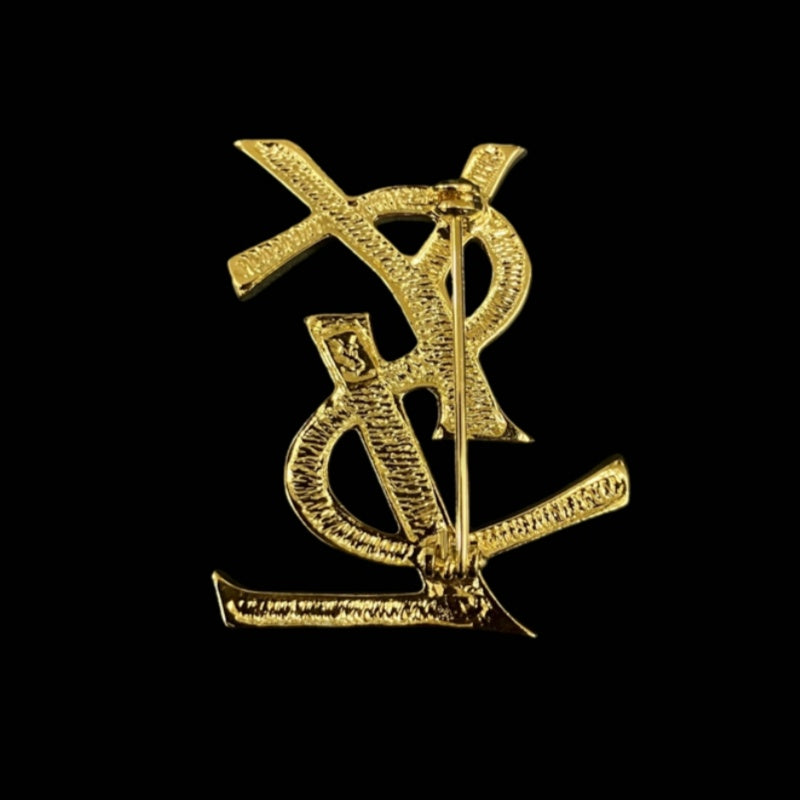 YSL Brooch, Rhinestone, Gold Hardware, Gold Alloy, Diamond Logo