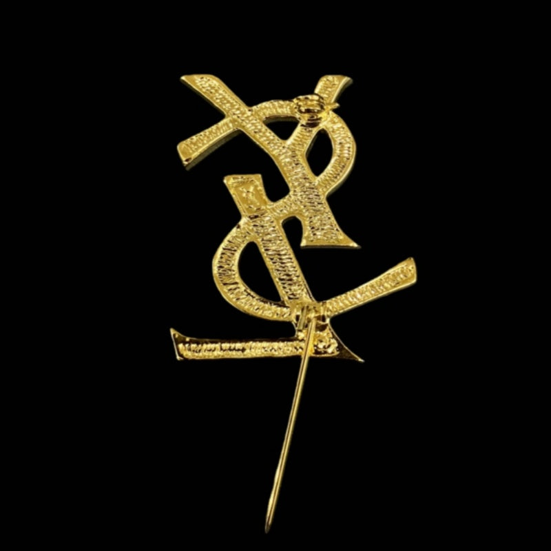 YSL Brooch, Rhinestone, Gold Hardware, Gold Alloy, Diamond Logo