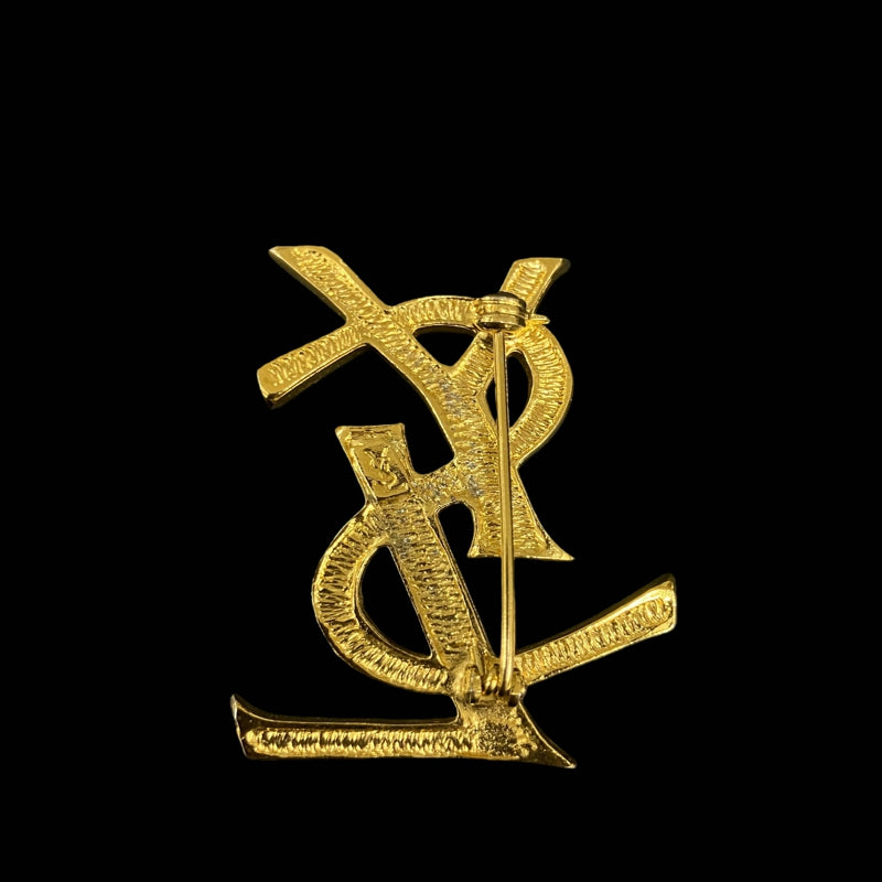 YSL Gold Alloy Brooch With Rhinestone & Diamond Logo, Gold Hardware