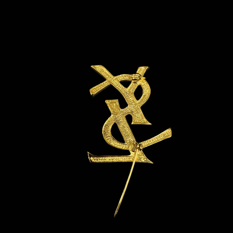 YSL Gold Alloy Brooch With Rhinestone & Diamond Logo, Gold Hardware