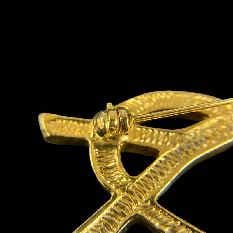 YSL Gold Alloy Brooch With Rhinestone & Diamond Logo, Gold Hardware