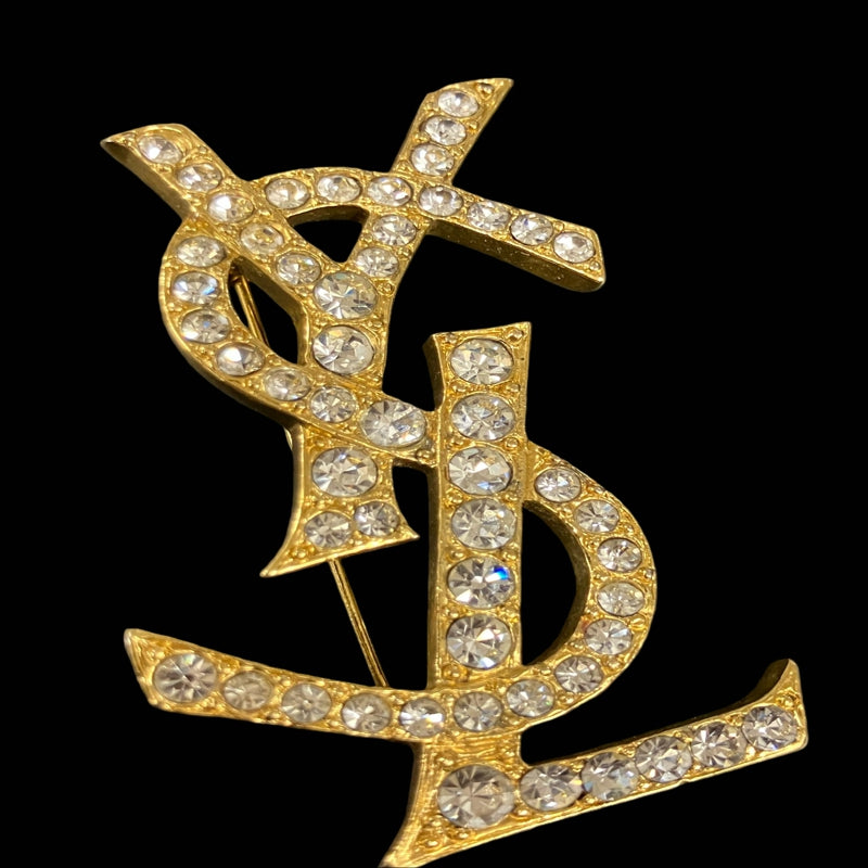 YSL Gold Alloy Brooch With Rhinestone & Diamond Logo, Gold Hardware
