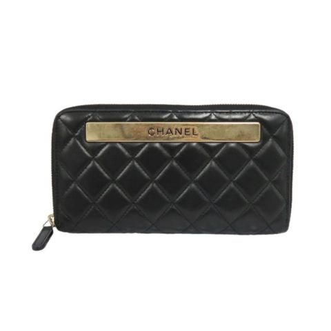CHANEL Black Lambskin Quilted Long Wallet with Gold Hardware