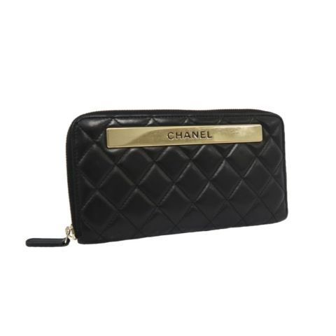 CHANEL Black Lambskin Quilted Long Wallet with Gold Hardware