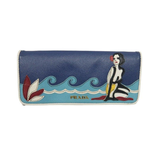 PRADA Women's Wallet, Hawaiian Line, Saffiano PVC, Blue, Includes Guarantee Card, Box & Tissue Paper