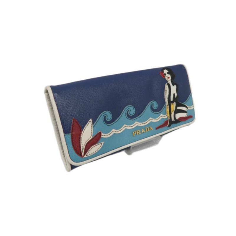 PRADA Women's Wallet, Hawaiian Line, Saffiano PVC, Blue, Includes Guarantee Card, Box & Tissue Paper