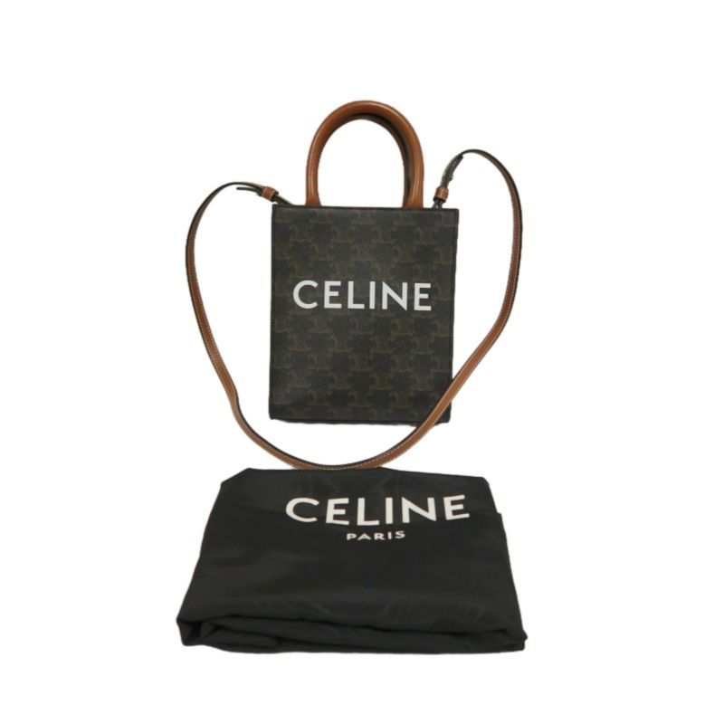 CELINE Mini Vertical Triomphe Handbag, Calfskin/Coated Canvas, Brown, Dust Bag Included