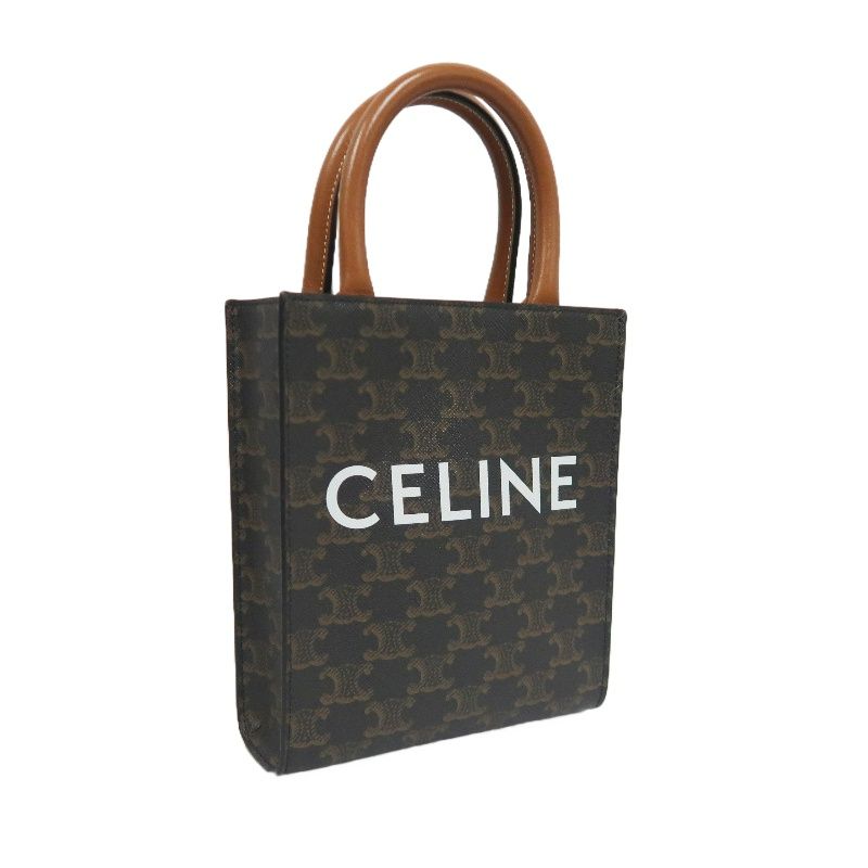 CELINE Mini Vertical Triomphe Handbag, Calfskin/Coated Canvas, Brown, Dust Bag Included