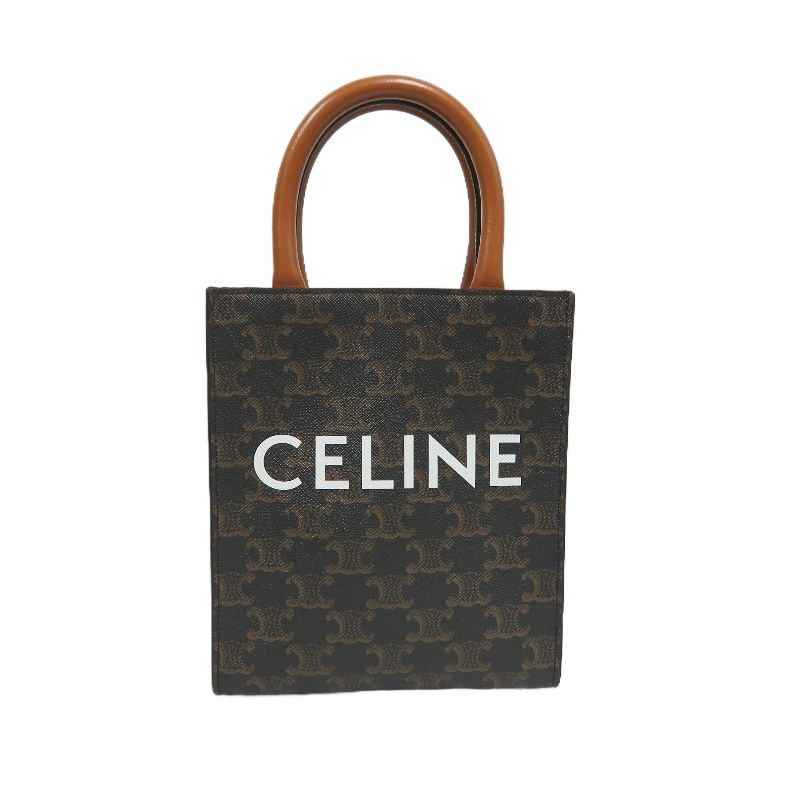 CELINE Mini Vertical Triomphe Handbag, Calfskin/Coated Canvas, Brown, Dust Bag Included