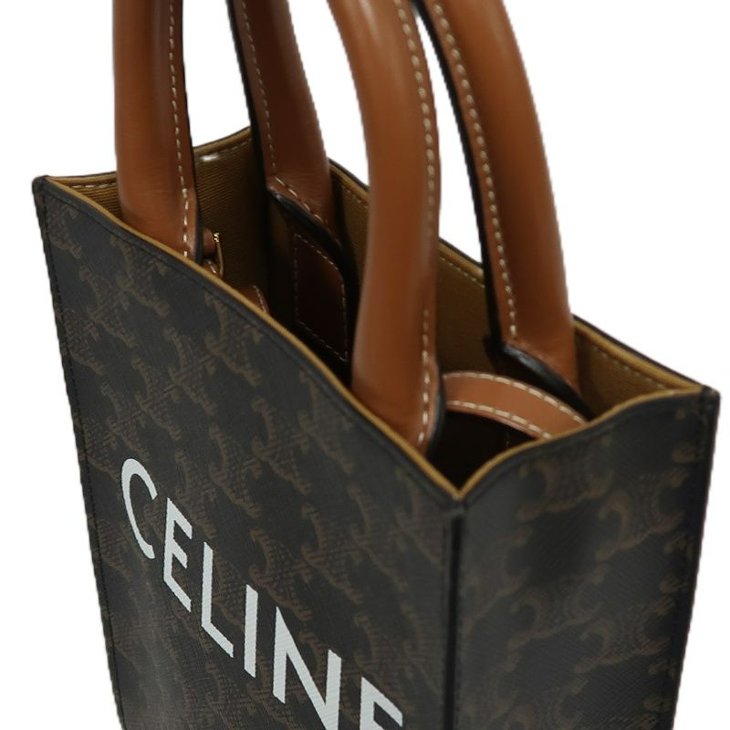 CELINE Mini Vertical Triomphe Handbag, Calfskin/Coated Canvas, Brown, Dust Bag Included