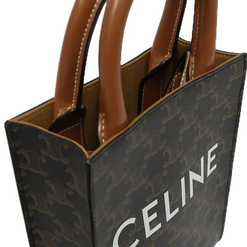 CELINE Mini Vertical Triomphe Handbag, Calfskin/Coated Canvas, Brown, Dust Bag Included