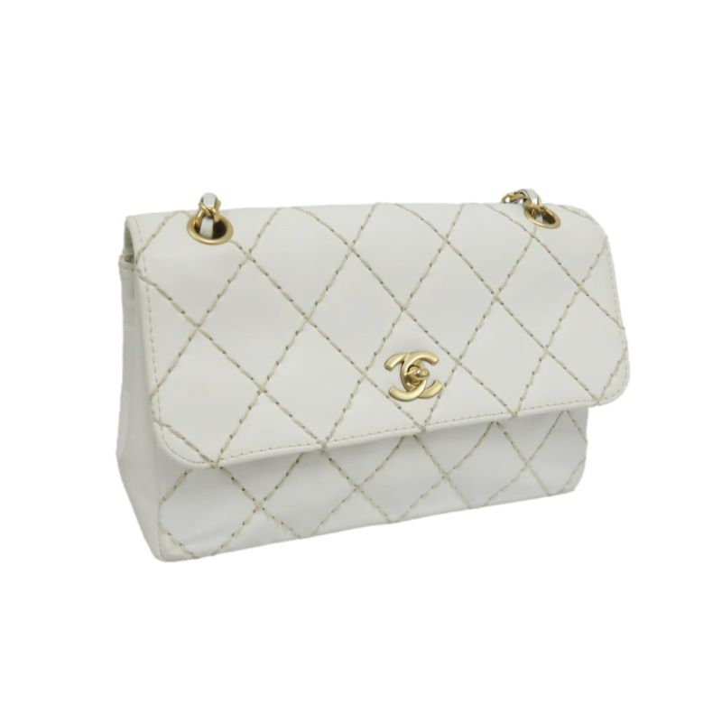 CHANEL Wild Stitch Matelassé Flap Crossbody Bag, Calfskin, White, Gold Hardware
