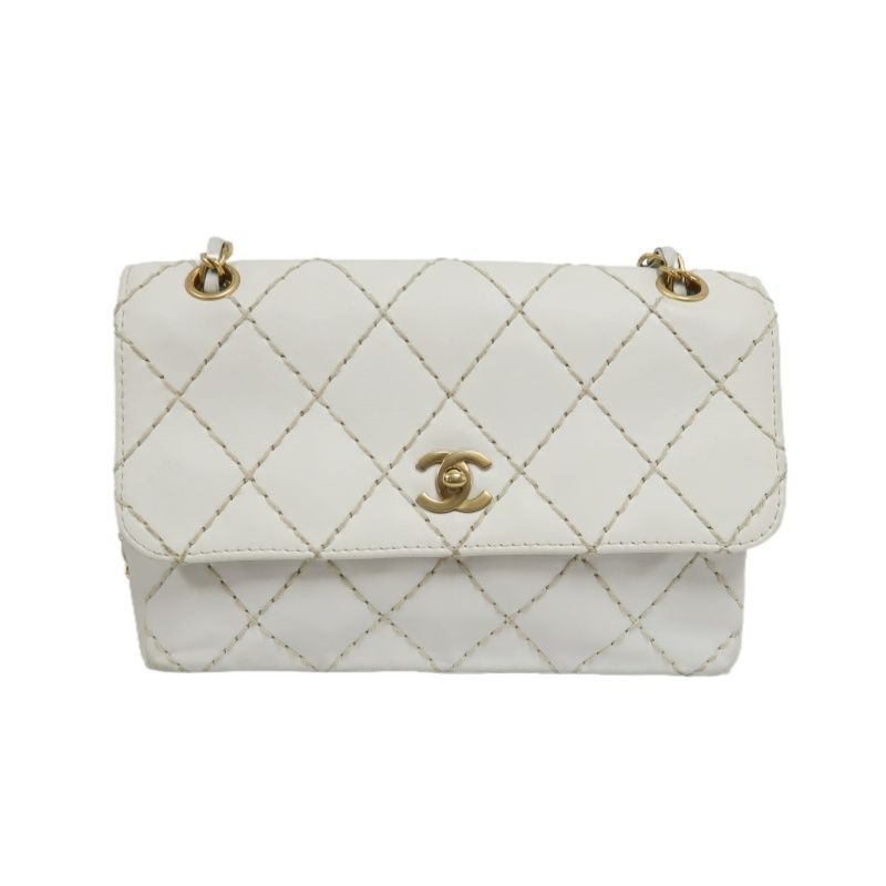 CHANEL Wild Stitch Matelassé Flap Crossbody Bag, Calfskin, White, Gold Hardware