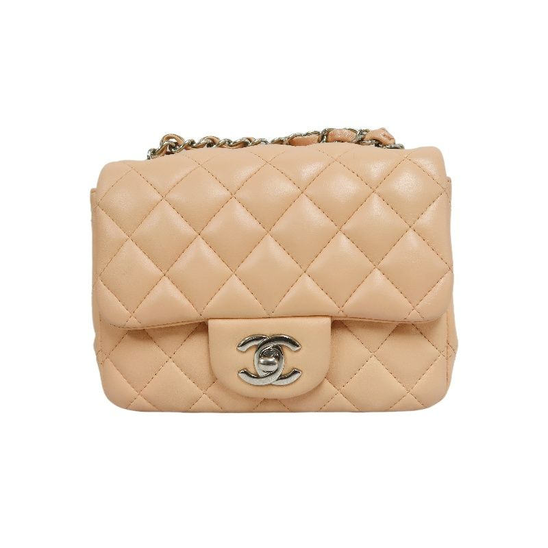 CHANEL Classic Flap Mini Matelassé Crossbody Bag, Lambskin, Beige, Silver Hardware, With Guarantee Card