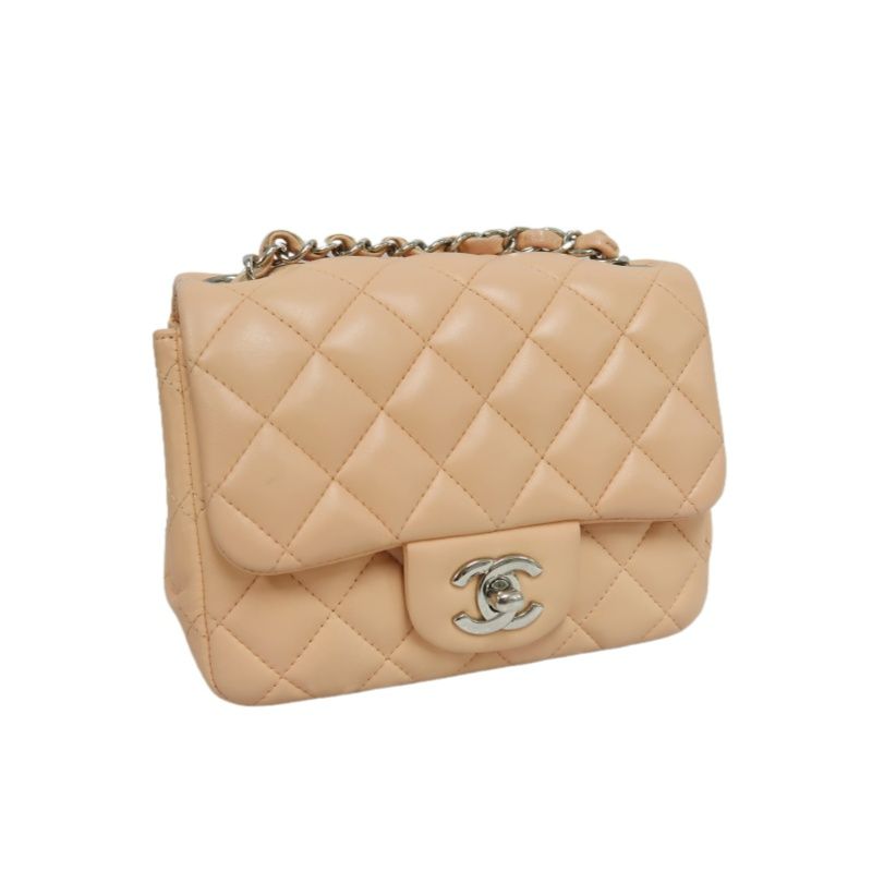 CHANEL Classic Flap Mini Matelassé Crossbody Bag, Lambskin, Beige, Silver Hardware, With Guarantee Card