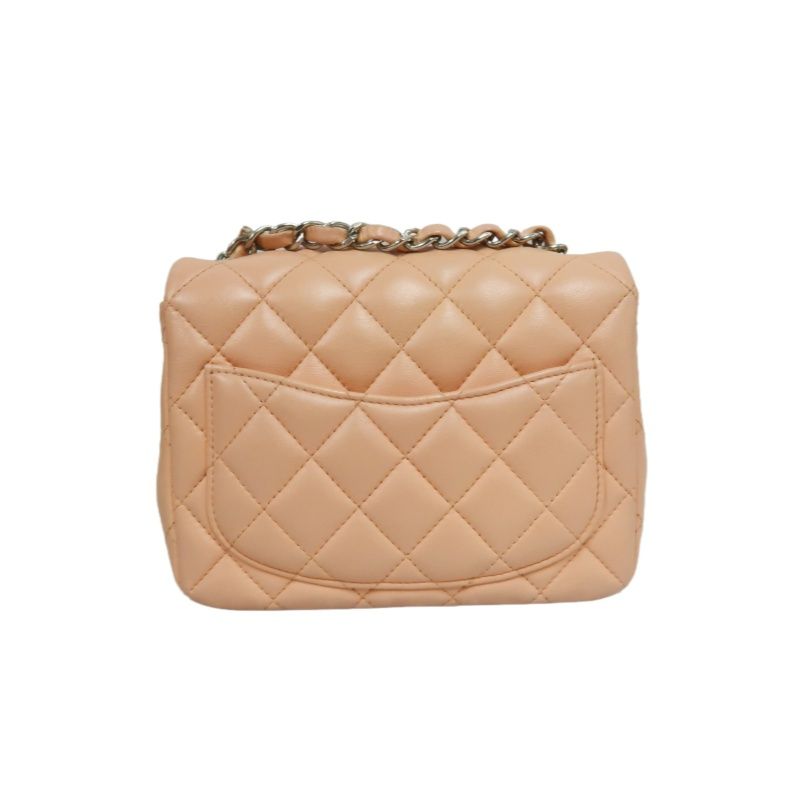 CHANEL Classic Flap Mini Matelassé Crossbody Bag, Lambskin, Beige, Silver Hardware, With Guarantee Card