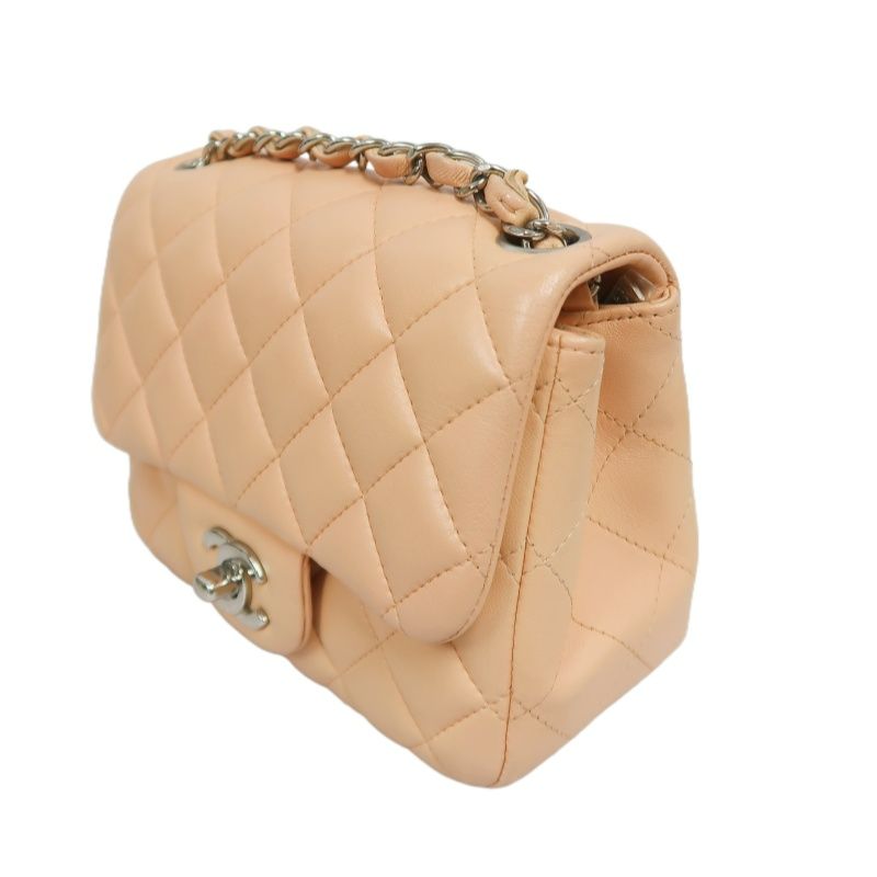 CHANEL Classic Flap Mini Matelassé Crossbody Bag, Lambskin, Beige, Silver Hardware, With Guarantee Card