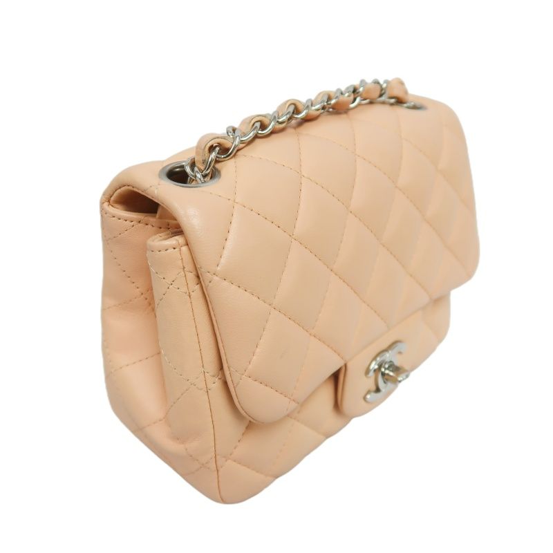 CHANEL Classic Flap Mini Matelassé Crossbody Bag, Lambskin, Beige, Silver Hardware, With Guarantee Card