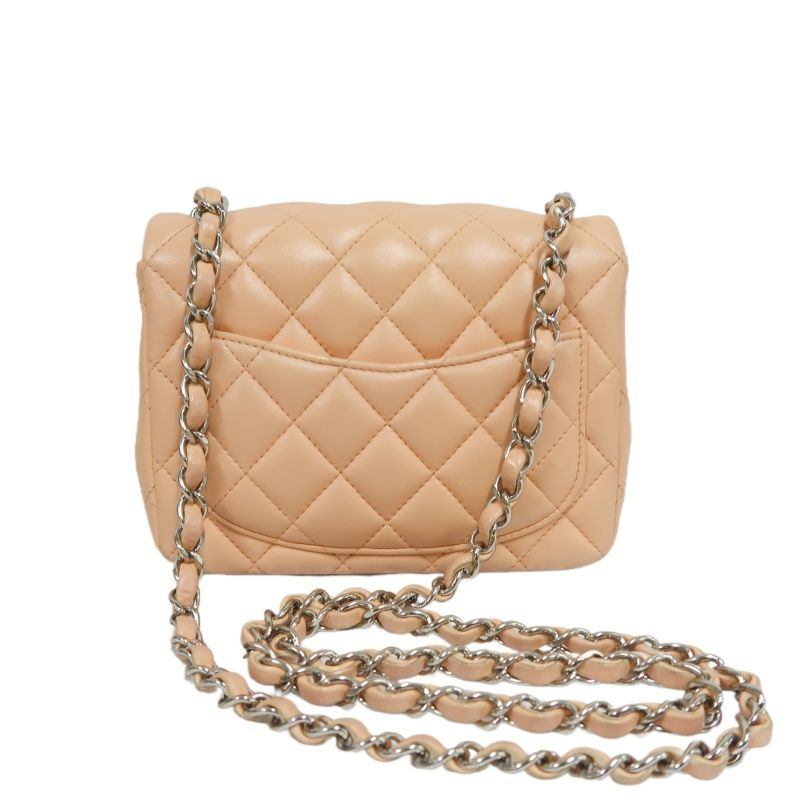 CHANEL Classic Flap Mini Matelassé Crossbody Bag, Lambskin, Beige, Silver Hardware, With Guarantee Card