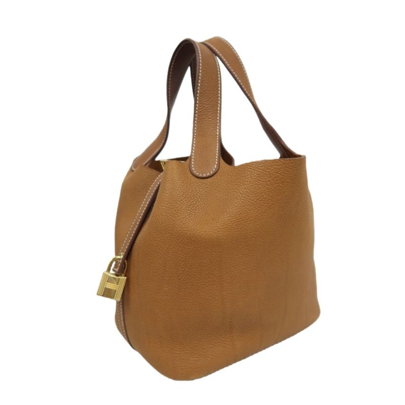 HERMES Picotin Handbag, Taurillon Clemence Calfskin, Brown, with Cadena & 2 Keys, Full Set with Box