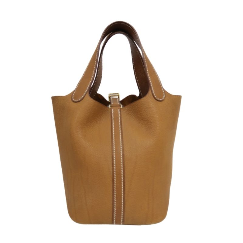HERMES Picotin Handbag, Taurillon Clemence Calfskin, Brown, with Cadena & 2 Keys, Full Set with Box