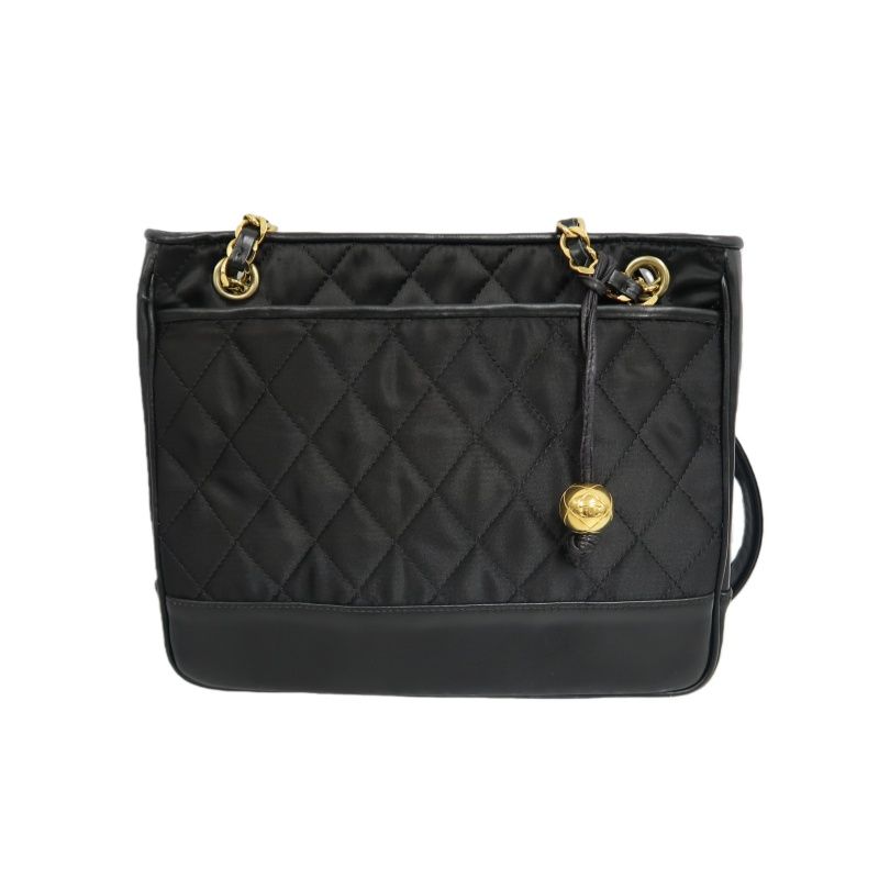 CHANEL Matelassé Shoulder Bag, Nylon, Black, Gold Hardware