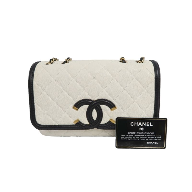 CHANEL Matelassé Filigree Shoulder Bag, Caviar Skin, White/Black, Gold Hardware, With Guarantee Card