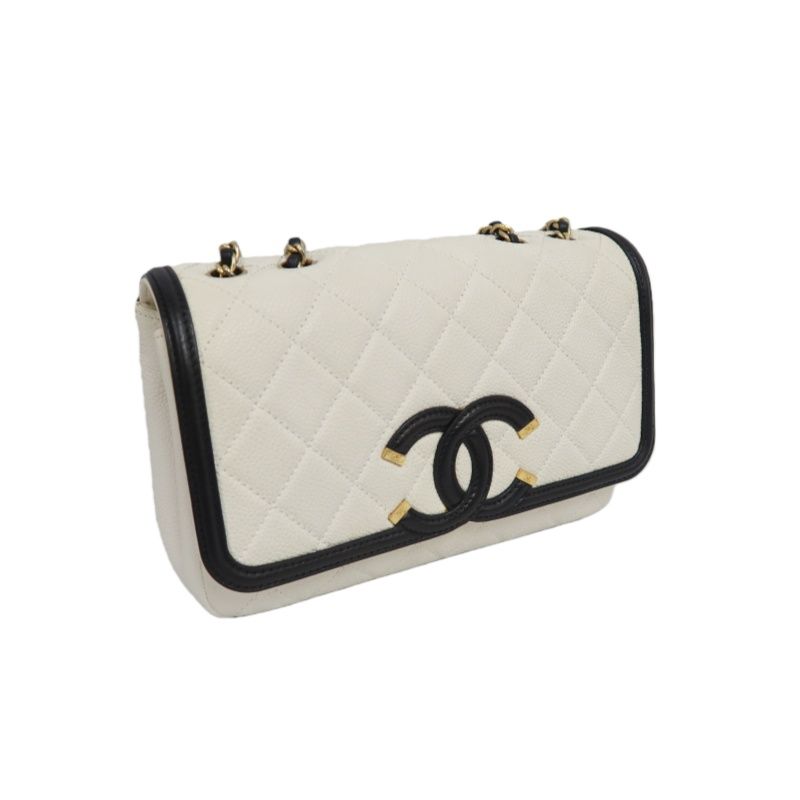CHANEL Matelassé Filigree Shoulder Bag, Caviar Skin, White/Black, Gold Hardware, With Guarantee Card