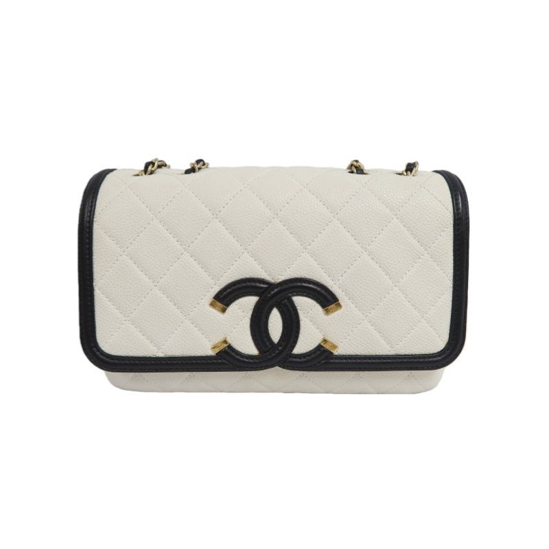 CHANEL Matelassé Filigree Shoulder Bag, Caviar Skin, White/Black, Gold Hardware, With Guarantee Card