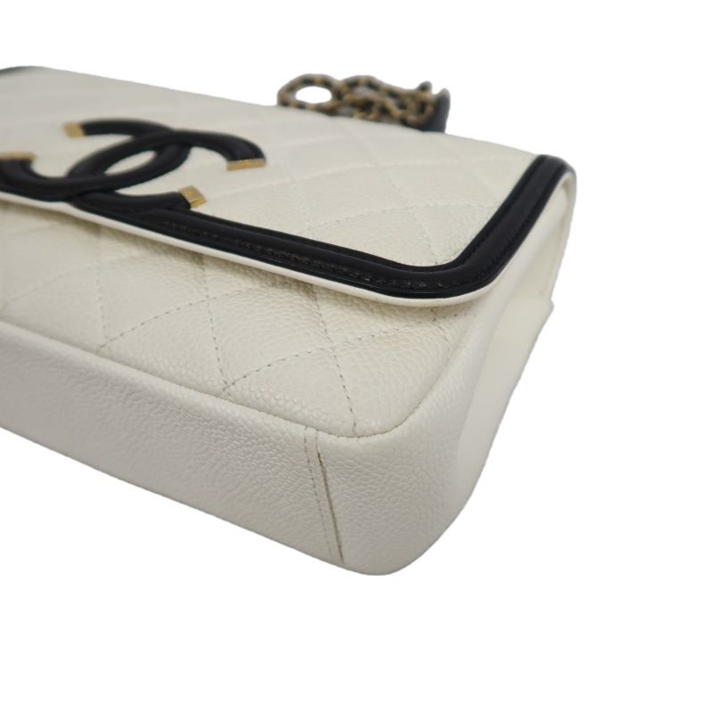 CHANEL Matelassé Filigree Shoulder Bag, Caviar Skin, White/Black, Gold Hardware, With Guarantee Card