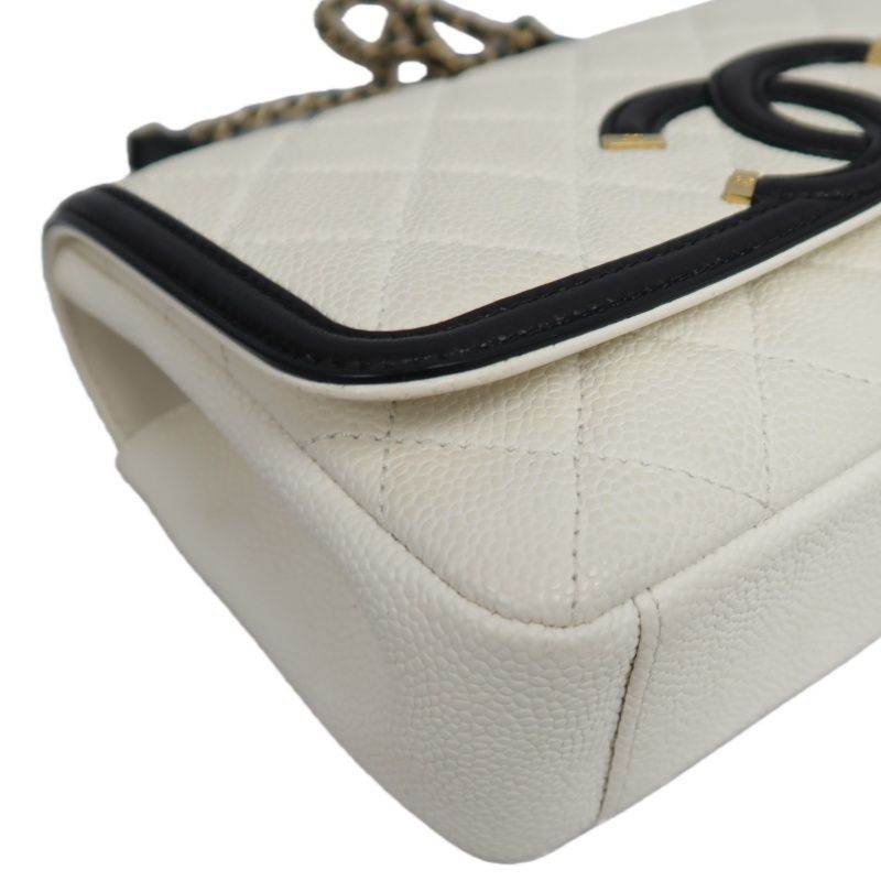 CHANEL Matelassé Filigree Shoulder Bag, Caviar Skin, White/Black, Gold Hardware, With Guarantee Card