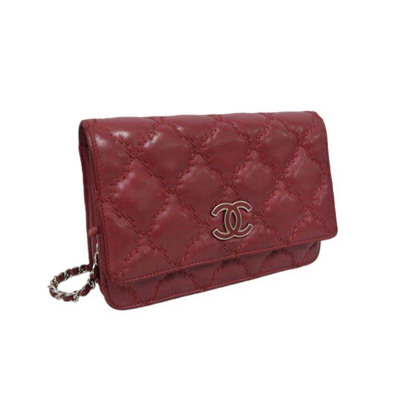 CHANEL Matelassé Chain Wallet Shoulder Bag, Lambskin, Red, Silver Hardware