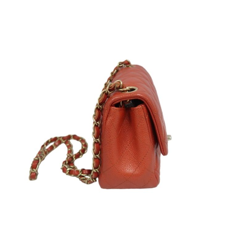 CHANEL Classic Flap Mini Matelassé Crossbody Bag, Caviar Skin, Red, Gold Hardware
