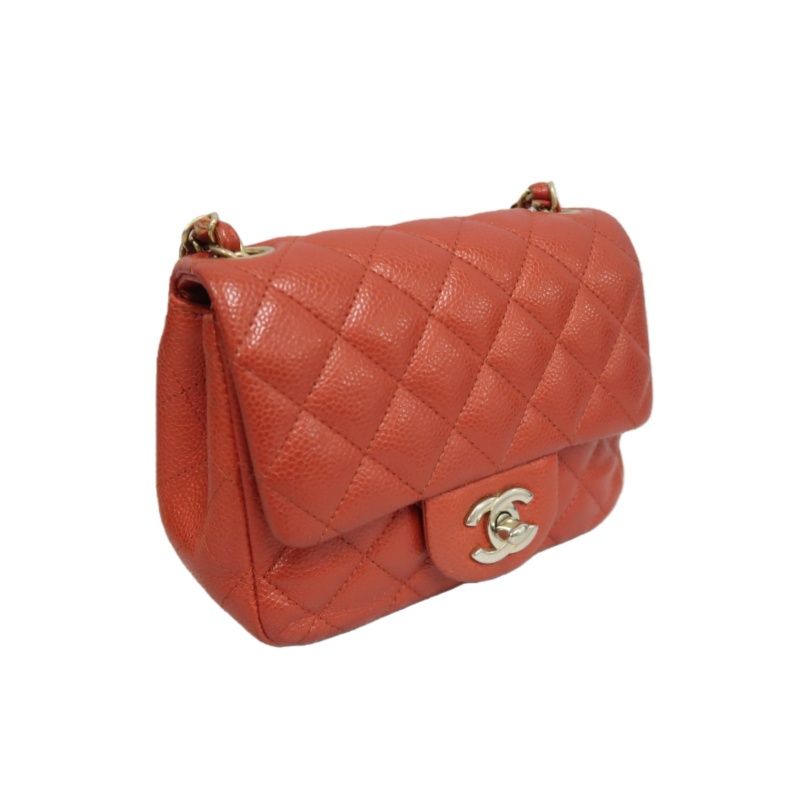 CHANEL Classic Flap Mini Matelassé Crossbody Bag, Caviar Skin, Red, Gold Hardware