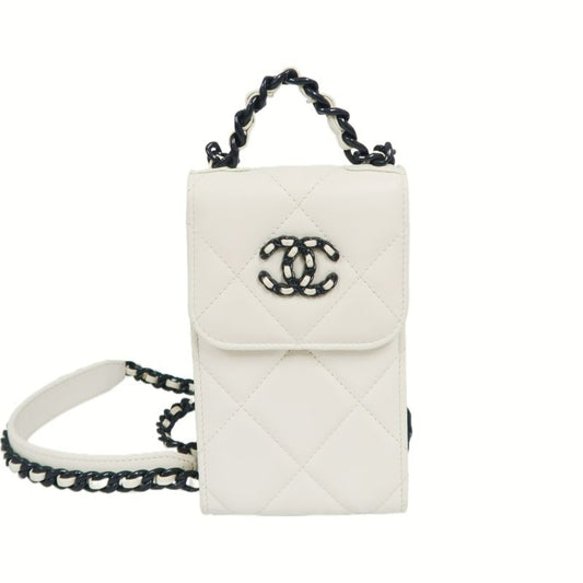 CHANEL 19 Matelassé Phone Shoulder Bag, Lambskin, White, Black Hardware, With Guarantee Card