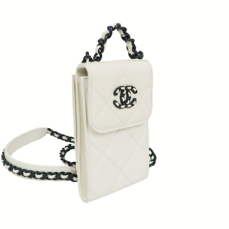 CHANEL 19 Matelassé Phone Shoulder Bag, Lambskin, White, Black Hardware, With Guarantee Card