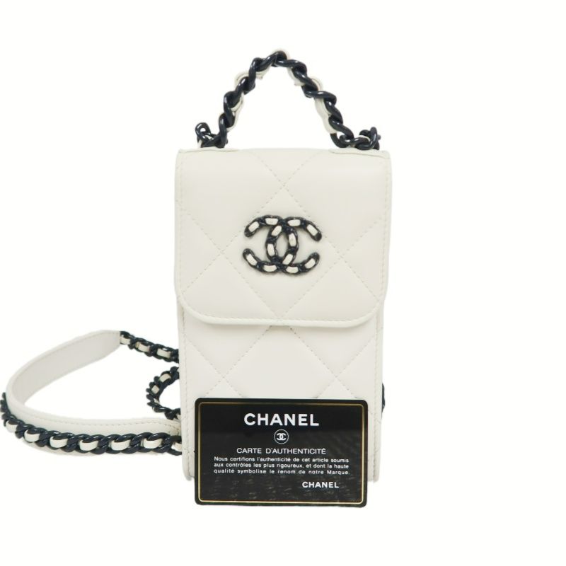 CHANEL 19 Matelassé Phone Shoulder Bag, Lambskin, White, Black Hardware, With Guarantee Card