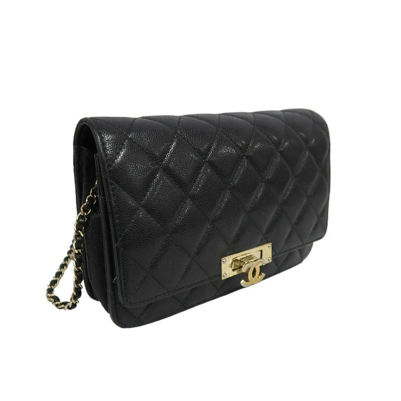 CHANEL Matelassé Chain Wallet Flap Crossbody Bag, Caviar Skin, Black, Gold Hardware, With Guarantee Card