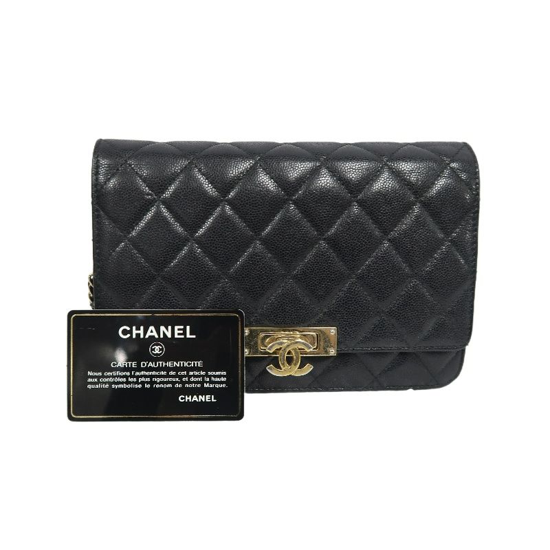 CHANEL Matelassé Chain Wallet Flap Crossbody Bag, Caviar Skin, Black, Gold Hardware, With Guarantee Card
