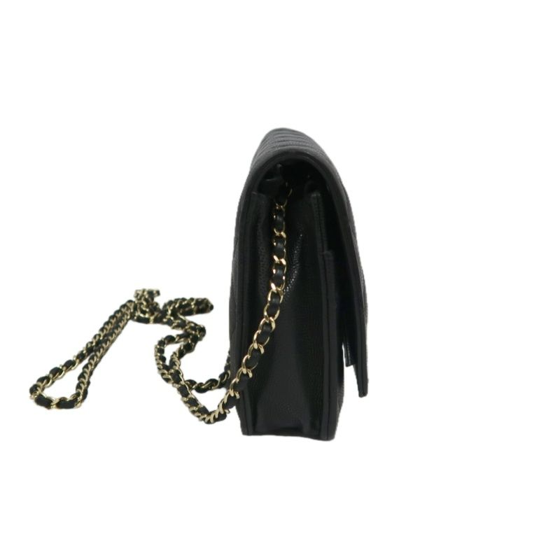 CHANEL Matelassé Chain Wallet Flap Crossbody Bag, Caviar Skin, Black, Gold Hardware, With Guarantee Card